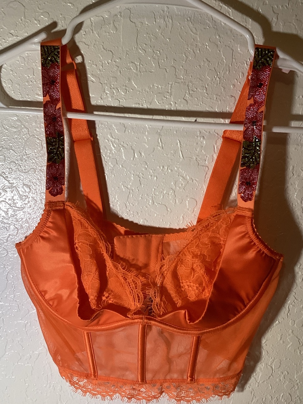 Victoria's Secret Orange Lace Longline Bralette with Beaded Straps